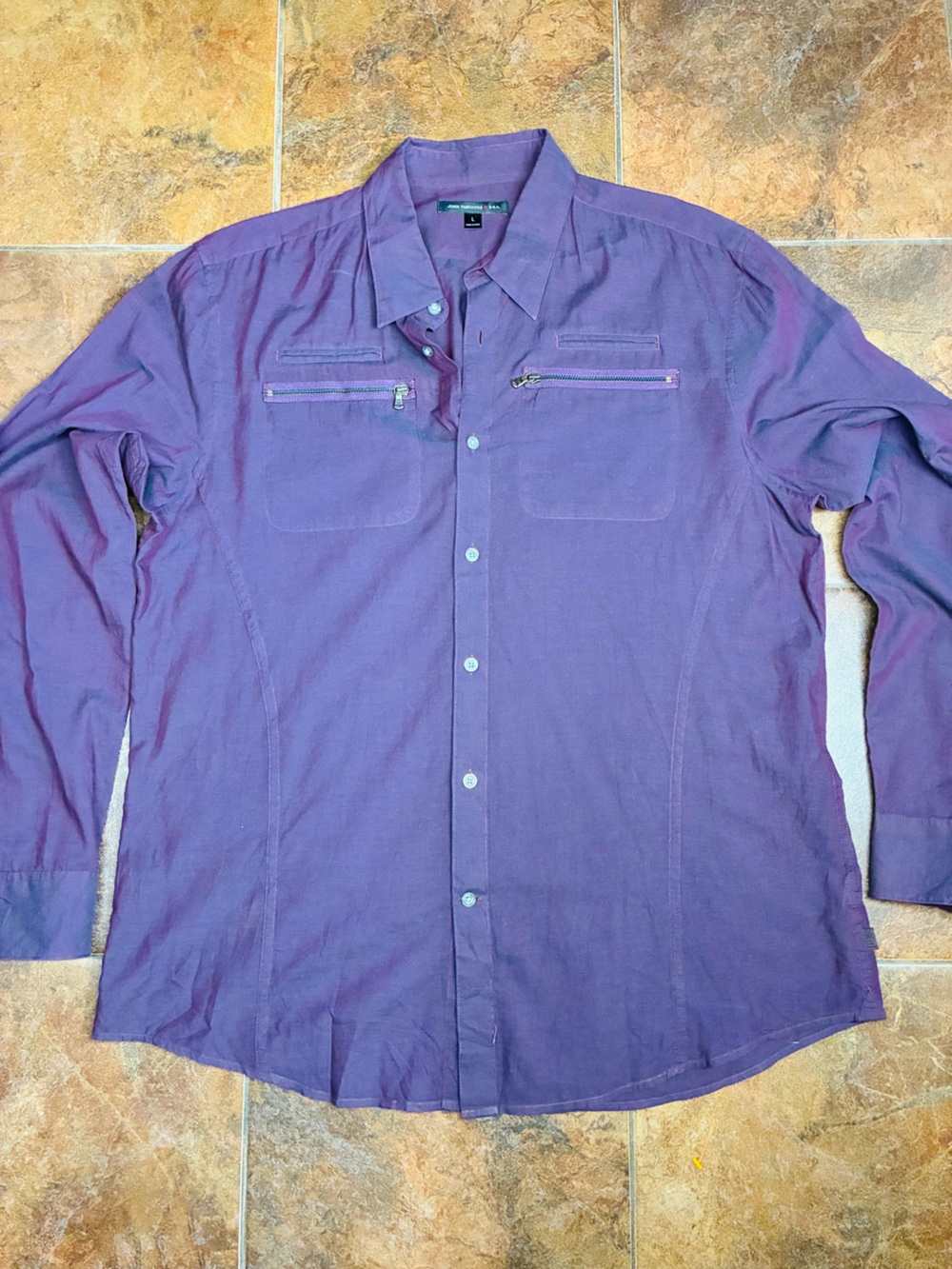 John Varvatos Men's Purple Button-Front Shirt with Zip Chest Pockets